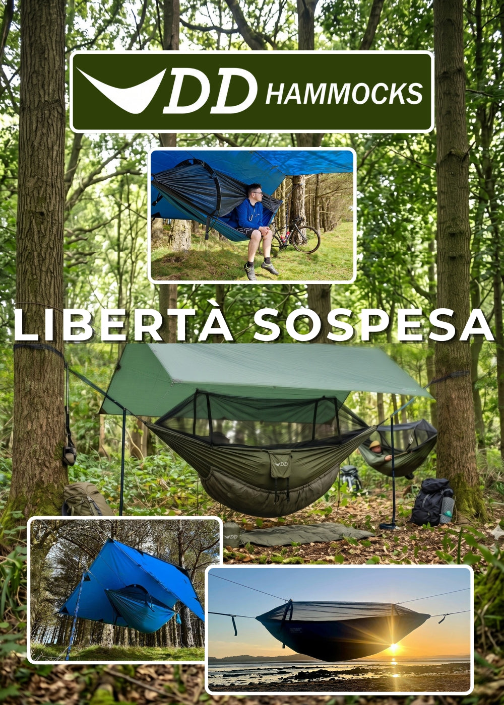 Amaca DD Hammocks con zanzariera e telo tarp protettivo montati tra gli alberi in un bosco. Grafica promozionale con testo Liberta Sospesa e riquadri laterali che mostrano l'amaca in diversi contesti di campeggio, bushcraft e cicloturismo.