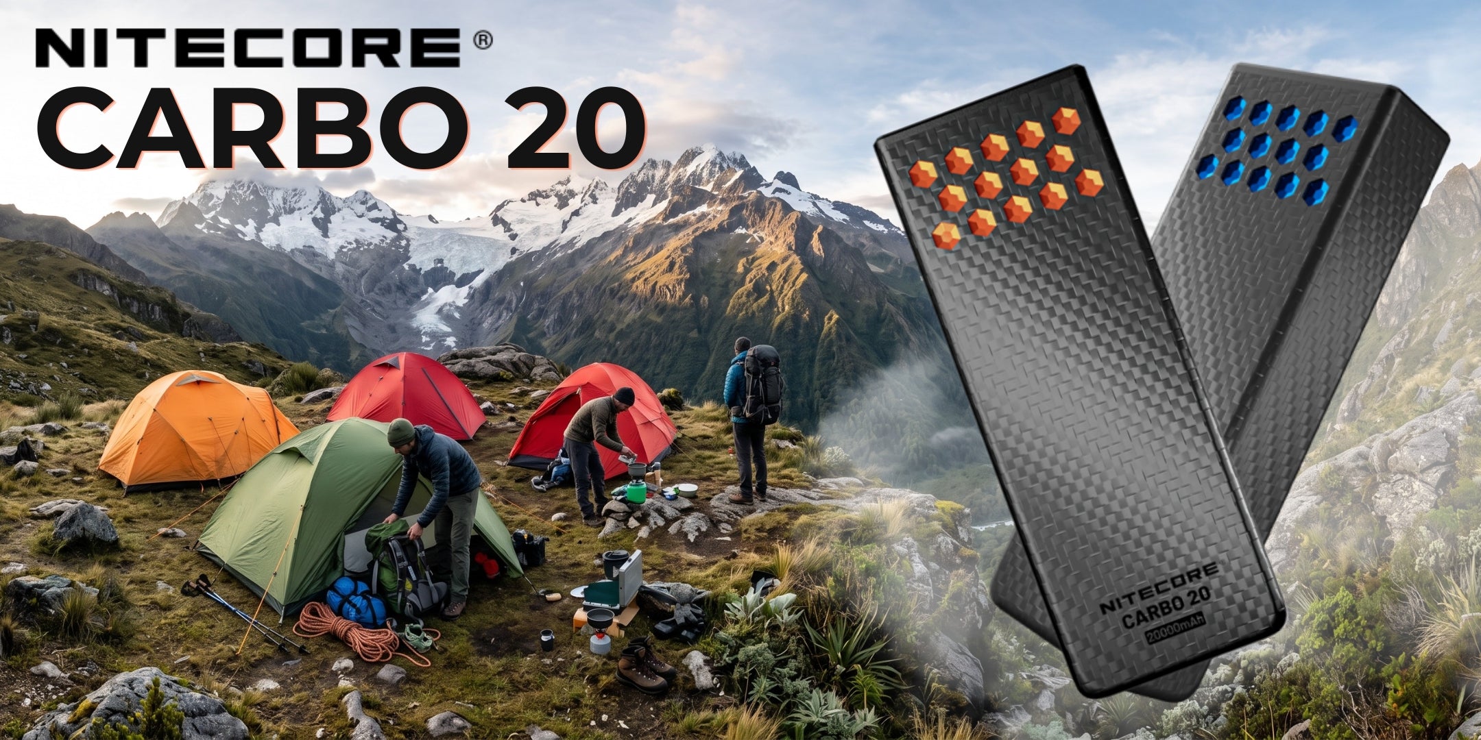 Nitecore Carbo 20 Power bank 20000mAh in fibra di carbonio ultraleggero per ricarica dispositivi durante avventure outdoor campeggio e trekking in montagna.