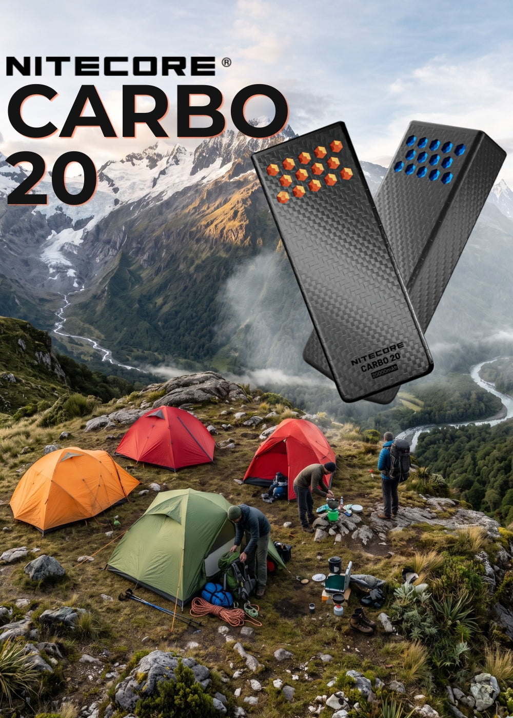 Nitecore Carbo 20 Power bank 20000mAh in fibra di carbonio ultraleggero per ricarica dispositivi durante avventure outdoor campeggio e trekking in montagna.