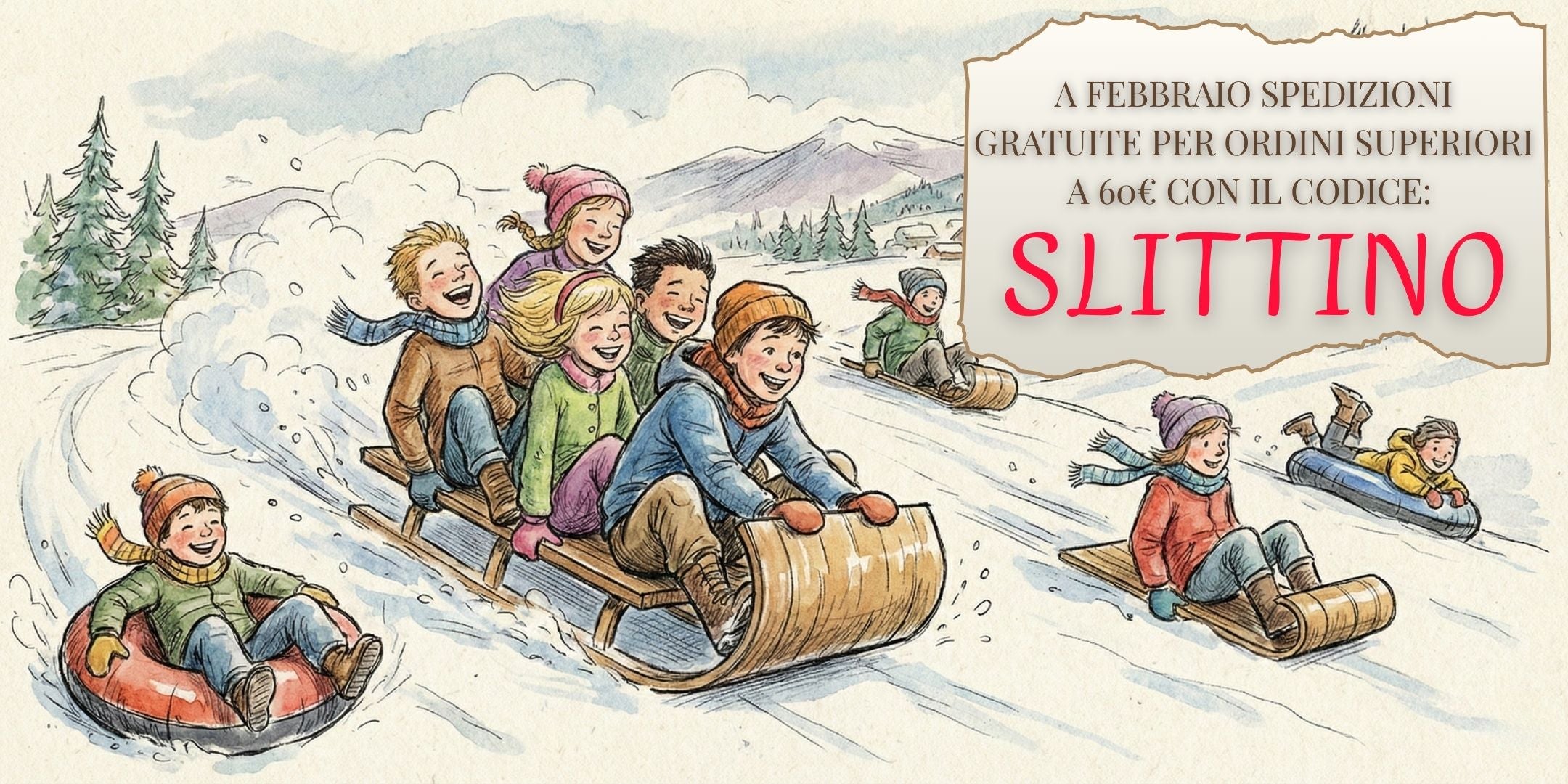 BackPacco Promo Febbraio Spedizioni Gratuite. Banner con illustrazione artistica di bambini che giocano sulla neve con slittini. Offerta valida per ordini superiori a 60 euro inserendo il codice sconto SLITTINO al checkout.