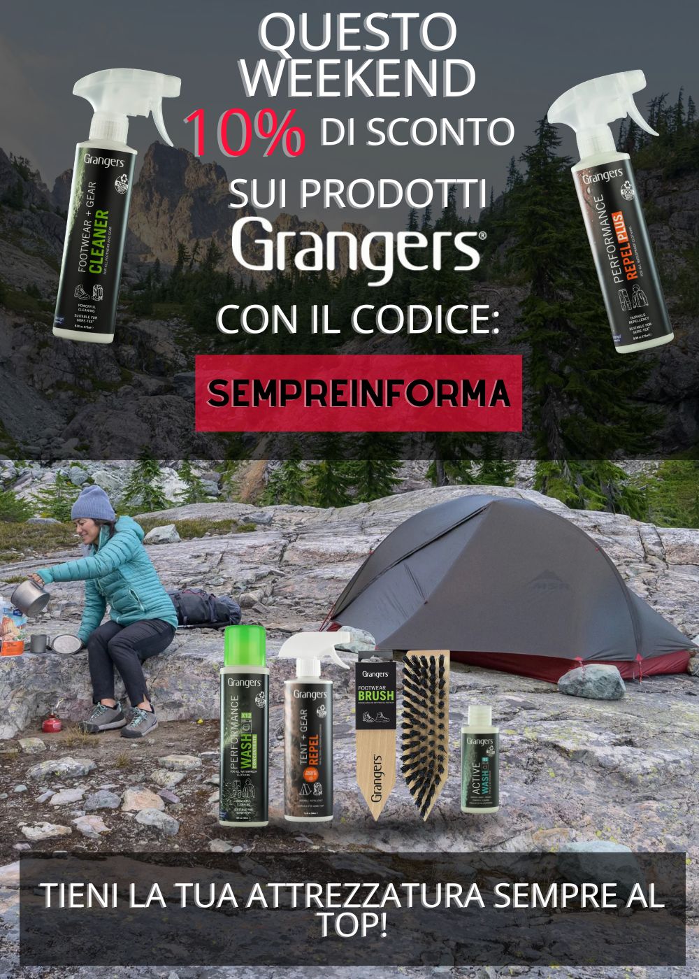 Grangers Kit Pulizia e Protezione Calzature e Attrezzatura Outdoor include Performance Repel Plus, Footwear + Gear Cleaner, Performance Wash, Tent + Gear Repel, Active Wash e spazzola specialistica. Promo weekend sconto 10% con codice SEMPREINFORMA per manutenzione tecnica prodotti outdoor.