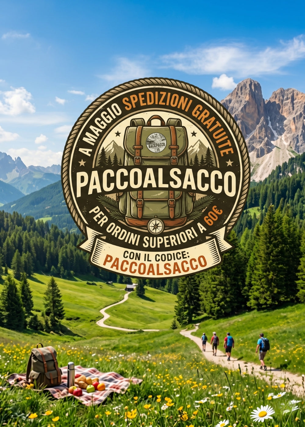 Paccoalsacco Promozione Maggio Spedizioni gratuite per ordini superiori a 60 euro con codice PACCOALSACCO. Grafica con zaino da trekking vintage su sfondo di vallata alpina fiorita e cime dolomitiche, ideale per escursionismo e outdoor.