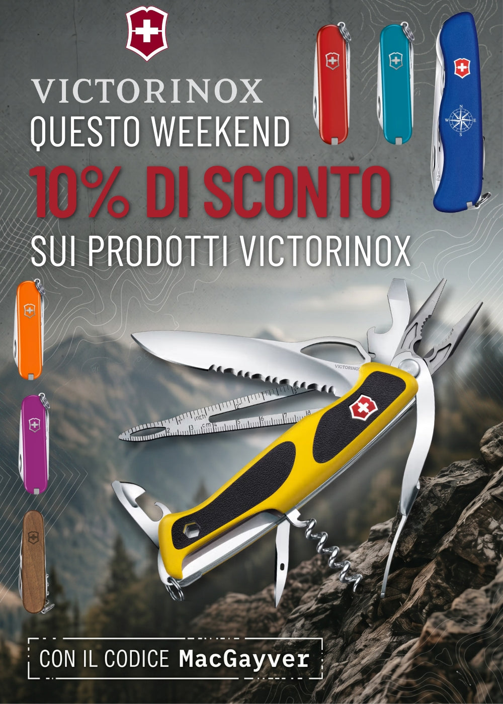 Victorinox Coltelli Multiuso banner promozionale con coltellino svizzero multifunzione aperto in primo piano e varianti di colore a sinistra per la promozione del weekend con sconto del 10 percento sui prodotti del marchio inserendo il codice MacGayver.