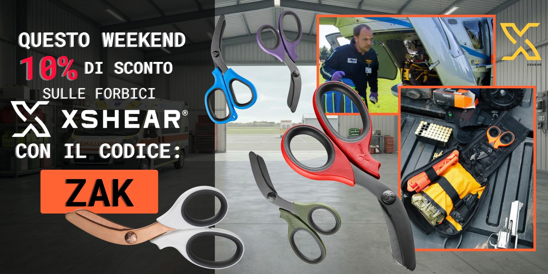 XSHEAR Forbici Trauma Professionali . Grafica Promozionale Sconto 10% Valido per il Weekend con Codice ZAK su forbicii XSHEAR per Emergenza Sanitaria e Primo Soccorso.