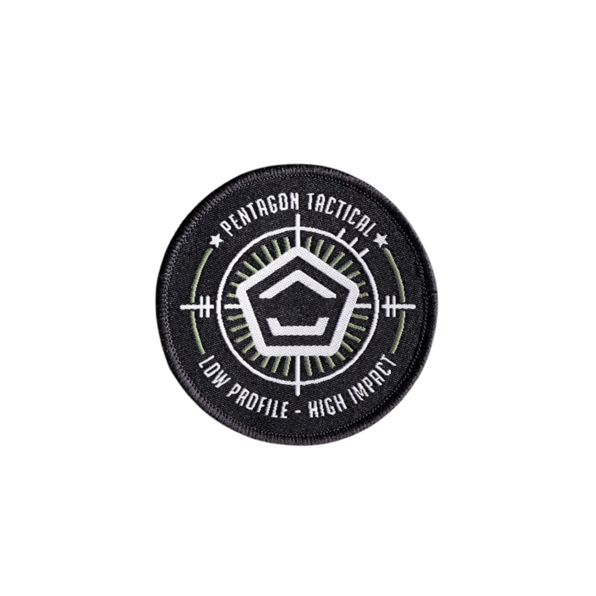 Pentagon Tactical Target patch ricamata circolare con mirino stilizzato logo centrale e scritte Pentagon Tactical Low Profile High Impact per zaini e buffetteria EDC