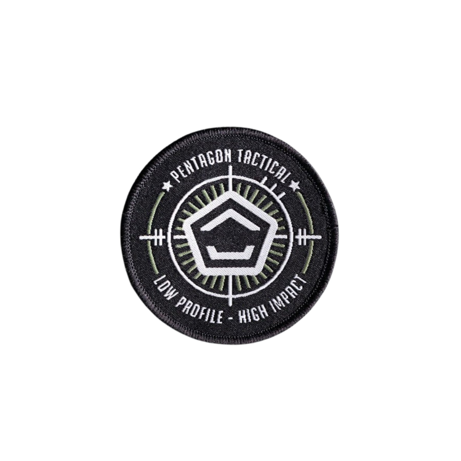 Pentagon Tactical Target patch ricamata circolare con mirino stilizzato logo centrale e scritte Pentagon Tactical Low Profile High Impact per zaini e buffetteria EDC