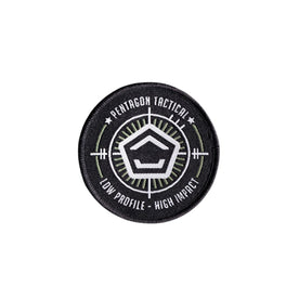 Pentagon Tactical Target patch ricamata circolare con mirino stilizzato logo centrale e scritte Pentagon Tactical Low Profile High Impact per zaini e buffetteria EDC
