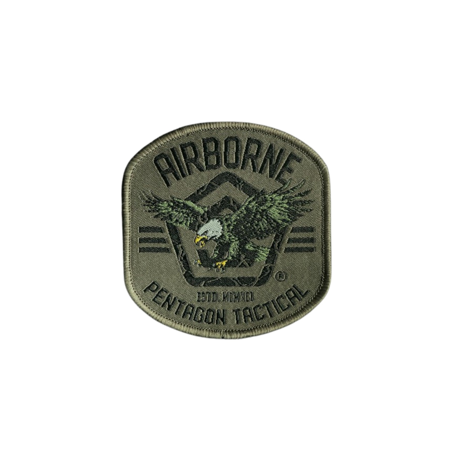Pentagon Airborne patch ricamata sagomata con aquila in volo logo pentagonale e scritte Airborne Pentagon Tactical con supporto a strappo per zaini giacche e buffetteria EDC