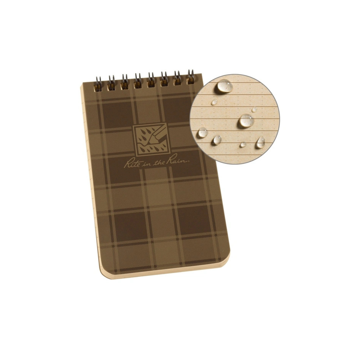 Rite in the Rain Top Spiral Notebook PL435, block notes impermeabile tascabile con rilegatura a spirale, copertina marrone a quadri e zoom su gocce d'acqua sulla carta, per appunti outdoor, su backpacco.it