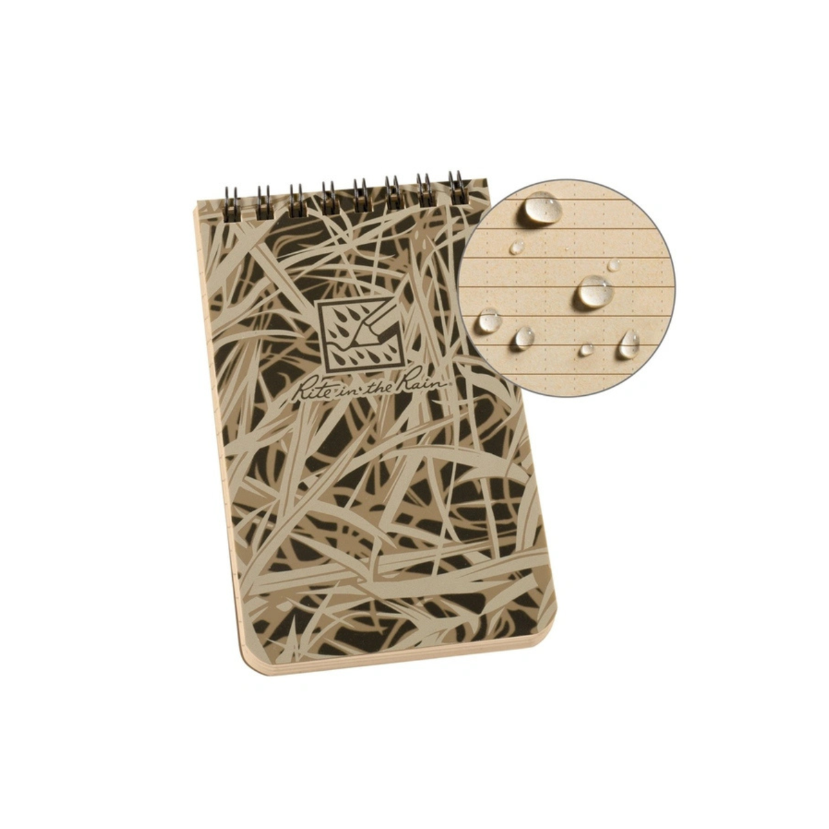 Rite in the Rain Top Spiral Notebook RG935T, block notes impermeabile tascabile con rilegatura a spirale, copertina mimetica con erba e zoom su gocce d'acqua sulla carta, per uso outdoor, SU BACKPACCO.IT