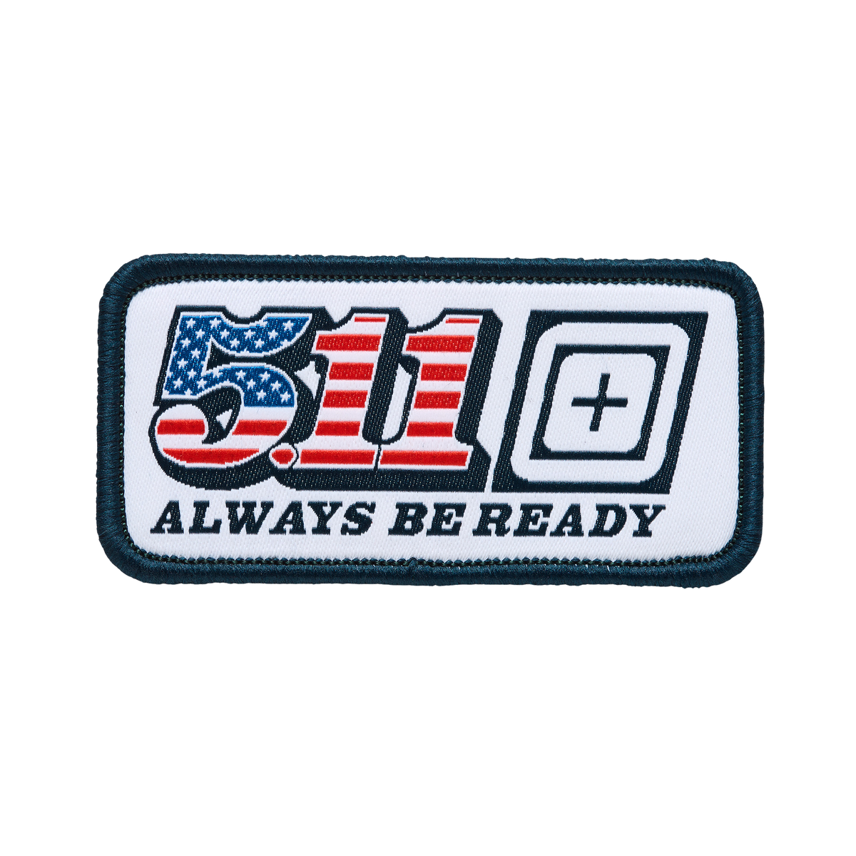 5.11 Number Plate Patriot, patch ricamata con velcro, logo 5.11 con bandiera americana e scritta Always Be Ready, toppa tattica per zaini e abbigliamento, su backpacco.it