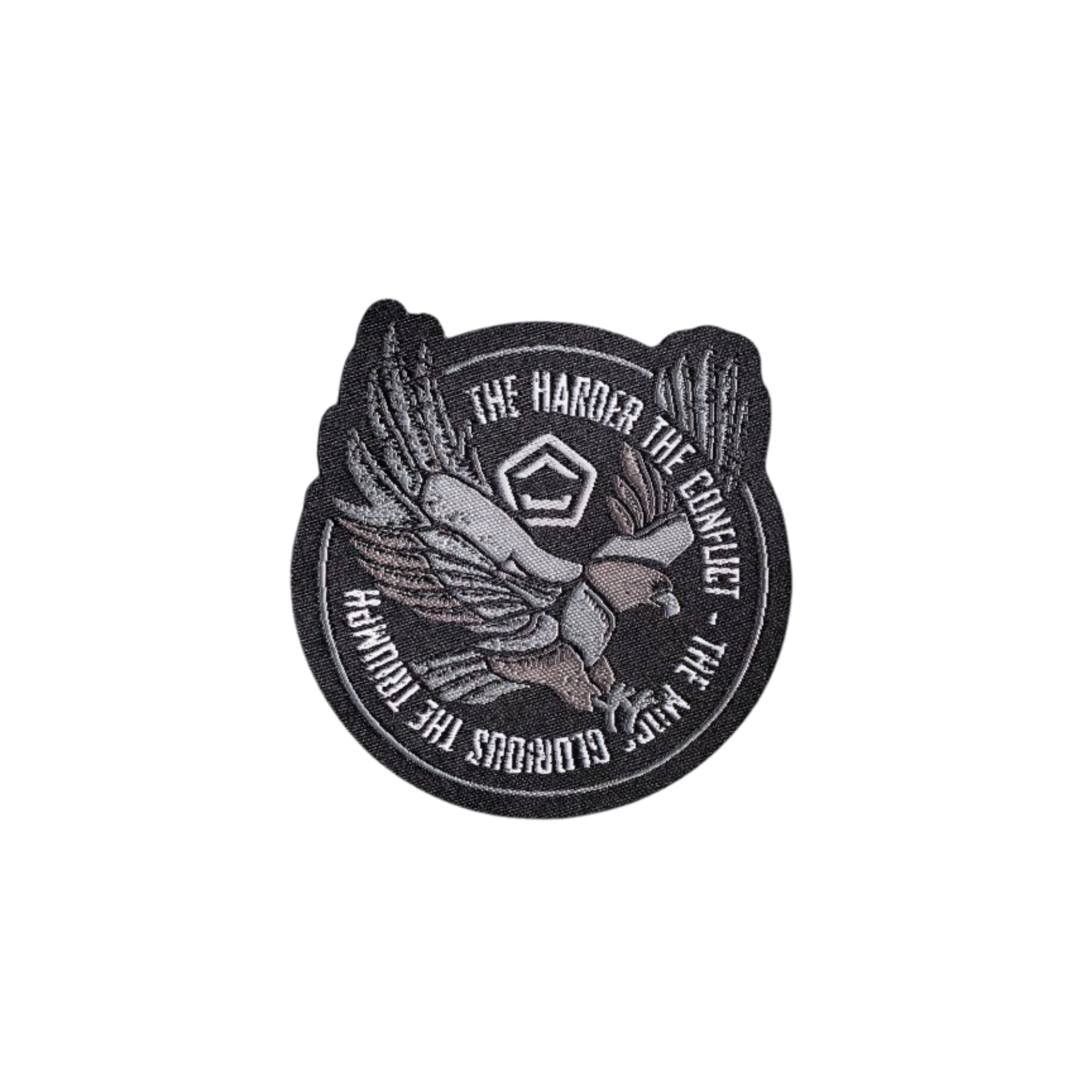 Pentagon Eagle patch ricamata sagomata con aquila in volo logo Pentagon e scritta The Harder The Conflict The More Glorious The Triumph per zaini giacche e buffetteria EDC