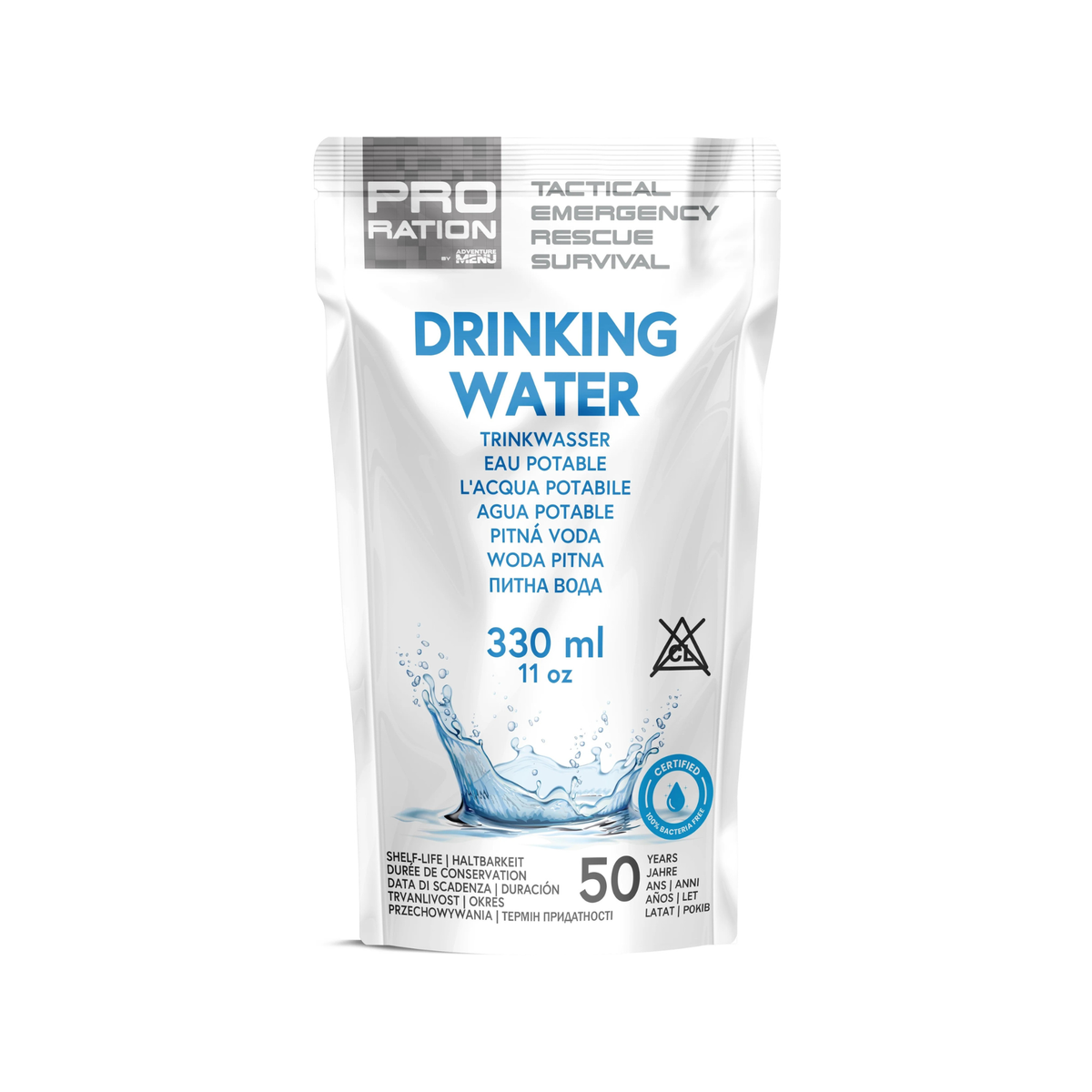 Adventure Menu Pro Ration Drinking Water busta acqua potabile 330ml. Scorta idrica a lunga conservazione. Confezione resistente ideale per kit sopravvivenza, emergenza e prepping.