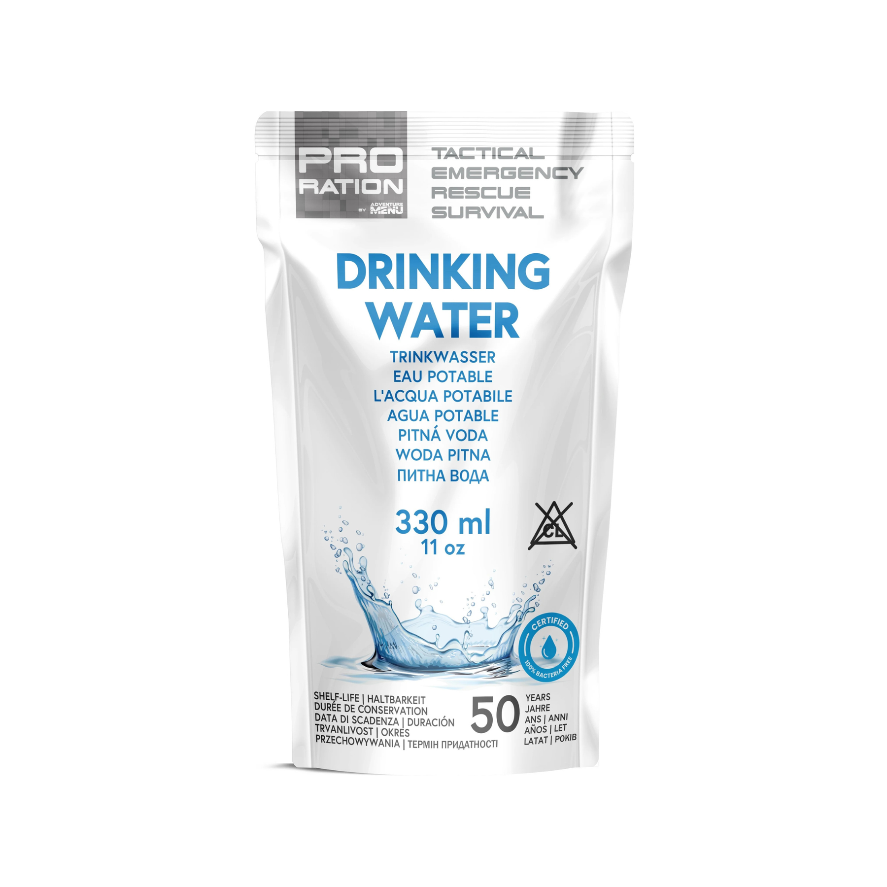 Adventure Menu Pro Ration Drinking Water busta acqua potabile 330ml. Scorta idrica a lunga conservazione. Confezione resistente ideale per kit sopravvivenza, emergenza e prepping.