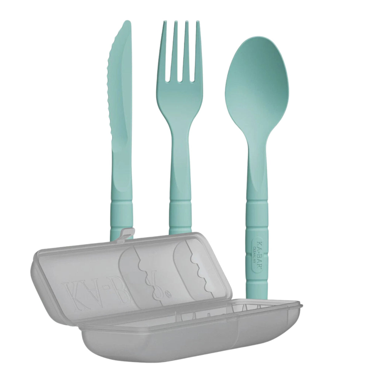 KA-BAR Lunch Pal set di posate portatile composto da coltello, forchetta e cucchiaio con manico testurizzato. Include una custodia rigida protettiva per il trasporto. Accessorio pratico per campeggio, escursioni, bushcraft e pause pranzo outdoor.