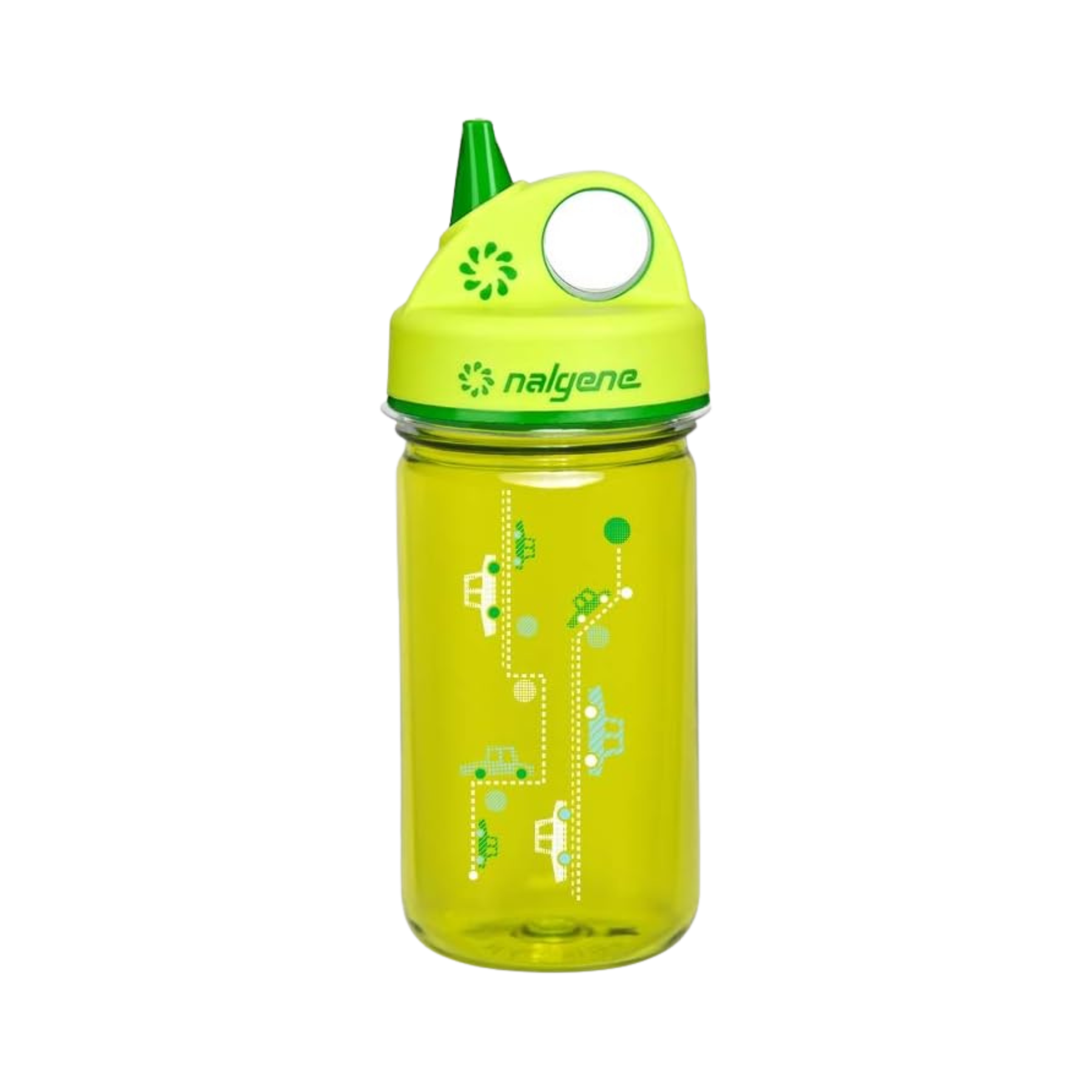 NALGENE KID EVERYDAY GRIP-N-GULP SUSTAIN BOTTLE Borraccia per bambini da 350 ml con stampa a tema macchine. Tappo facile da aprire e valvola antigoccia, realizzata in materiale Tritan Renew 50% riciclato e BPA/BPS free, ideale per scuola e giochi all'aperto.