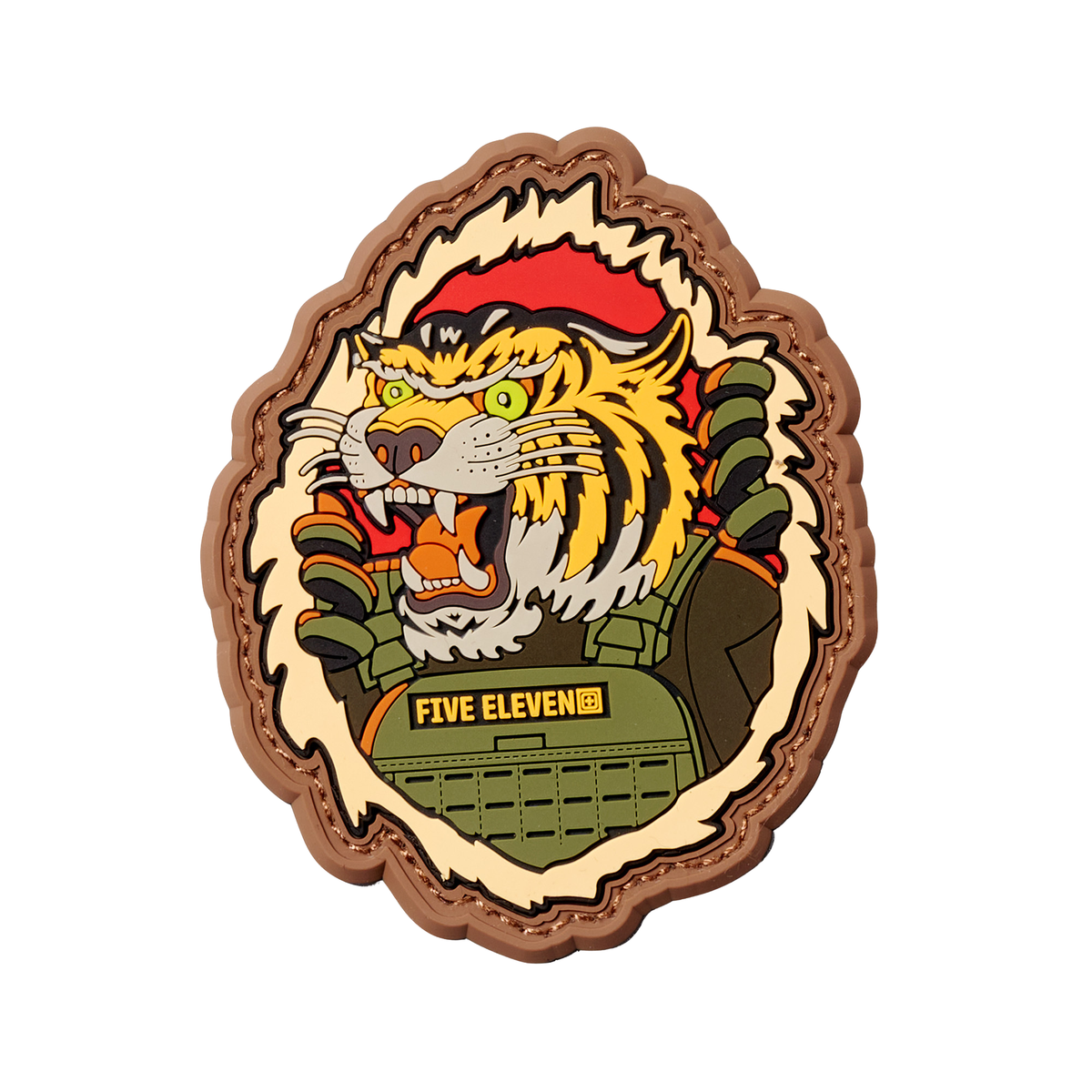 5.11 Tiger Rage, patch in PVC con velcro, toppa tattica con tigre che indossa un giubbotto tattico verde con logo 5.11, design aggressivo per collezionisti, su backpacco.it