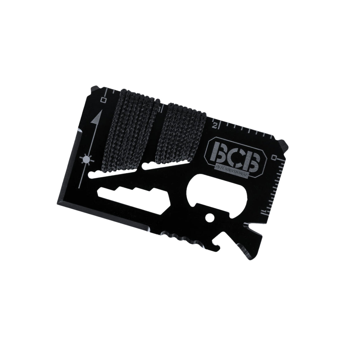 BCB Pocket Survival Tool Tessera EDC multifunzione in acciaio con righello, apribottiglie, chiavi esagonali, lama seghettata e cordino avvolto. Strumento compatto formato carta di credito ideale per kit di sopravvivenza e outdoor.