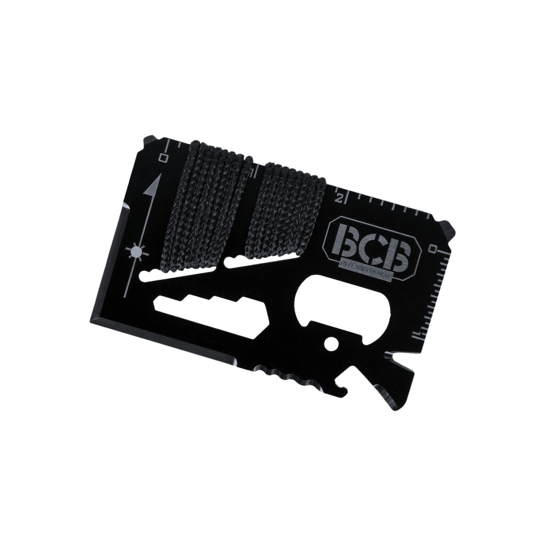 BCB Pocket Survival Tool Tessera EDC multifunzione in acciaio con righello, apribottiglie, chiavi esagonali, lama seghettata e cordino avvolto. Strumento compatto formato carta di credito ideale per kit di sopravvivenza e outdoor.