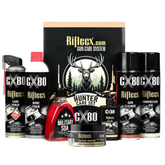Kit completo di manutenzione per fucili da caccia Riflecx Hunter Care Set, include Care Spray (con Teflon), Bore Foam, olio CLP Oil, grasso ceramico, Military SOAP, Gun Cleaner e Compressed Air, per la pulizia e la cura completa dell'arma