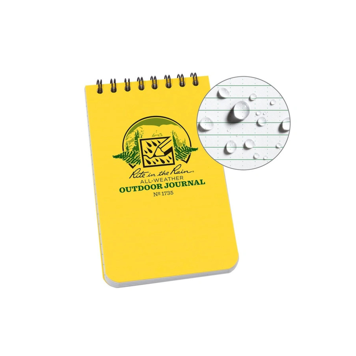 Rite in the Rain Top Spiral Notebook 1735, block notes impermeabile tascabile con rilegatura a spirale, copertina gialla All-Weather Outdoor Journal, zoom su gocce d'acqua sulla carta a righe, su backpacco.it