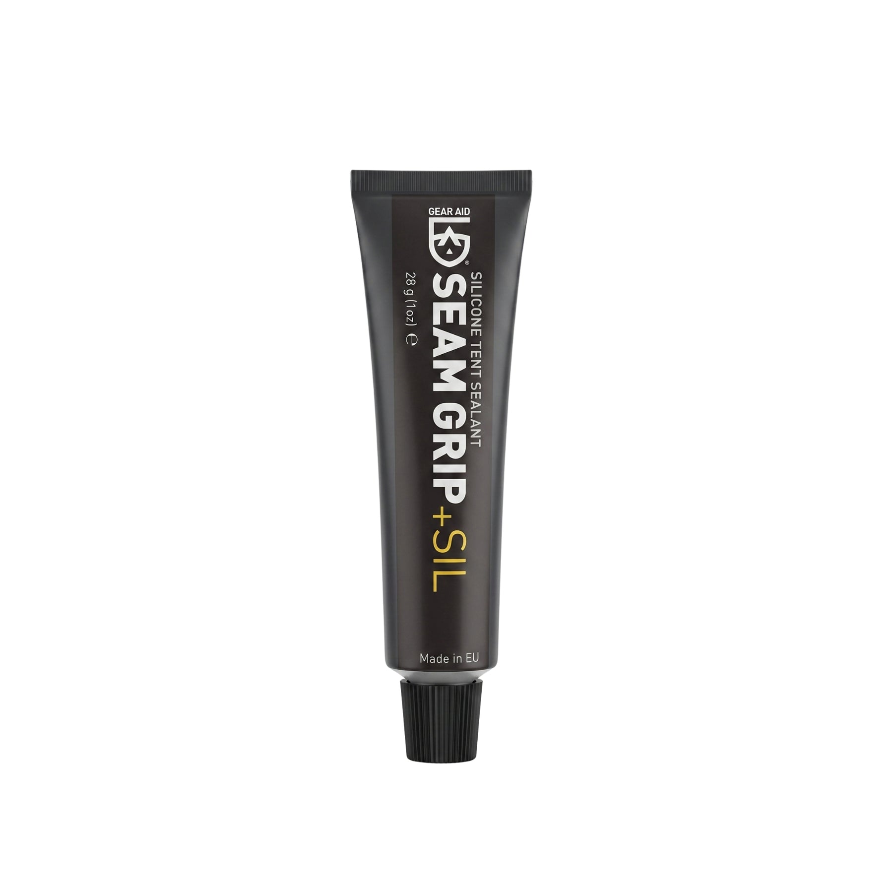 Gear Aid Seam Grip + SIL Silicone Sealant Sigillante per tende in silicone impermeabilizzante per cuciture e tessuti siliconati da 28 g o 42 in tubetto verticale per manutenzione attrezzatura outdoor su sfondo bianco.
