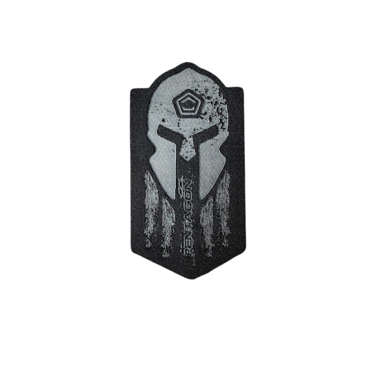 Pentagon Spartan patch ricamata tattica sagomata con elmo spartano logo Pentagon e scritta verticale con supporto a strappo per zaini giacche e buffetteria EDC