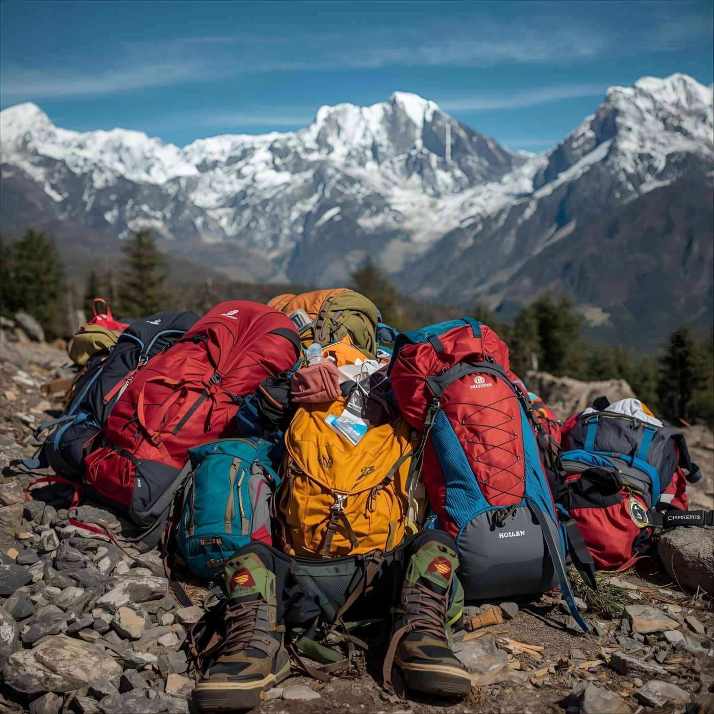 su Backpacco.it zaini da trekking e attrezzatura da montagna su sentiero roccioso con sfondo di vette innevate, ideale per escursioni alpine e avventure outdoor
