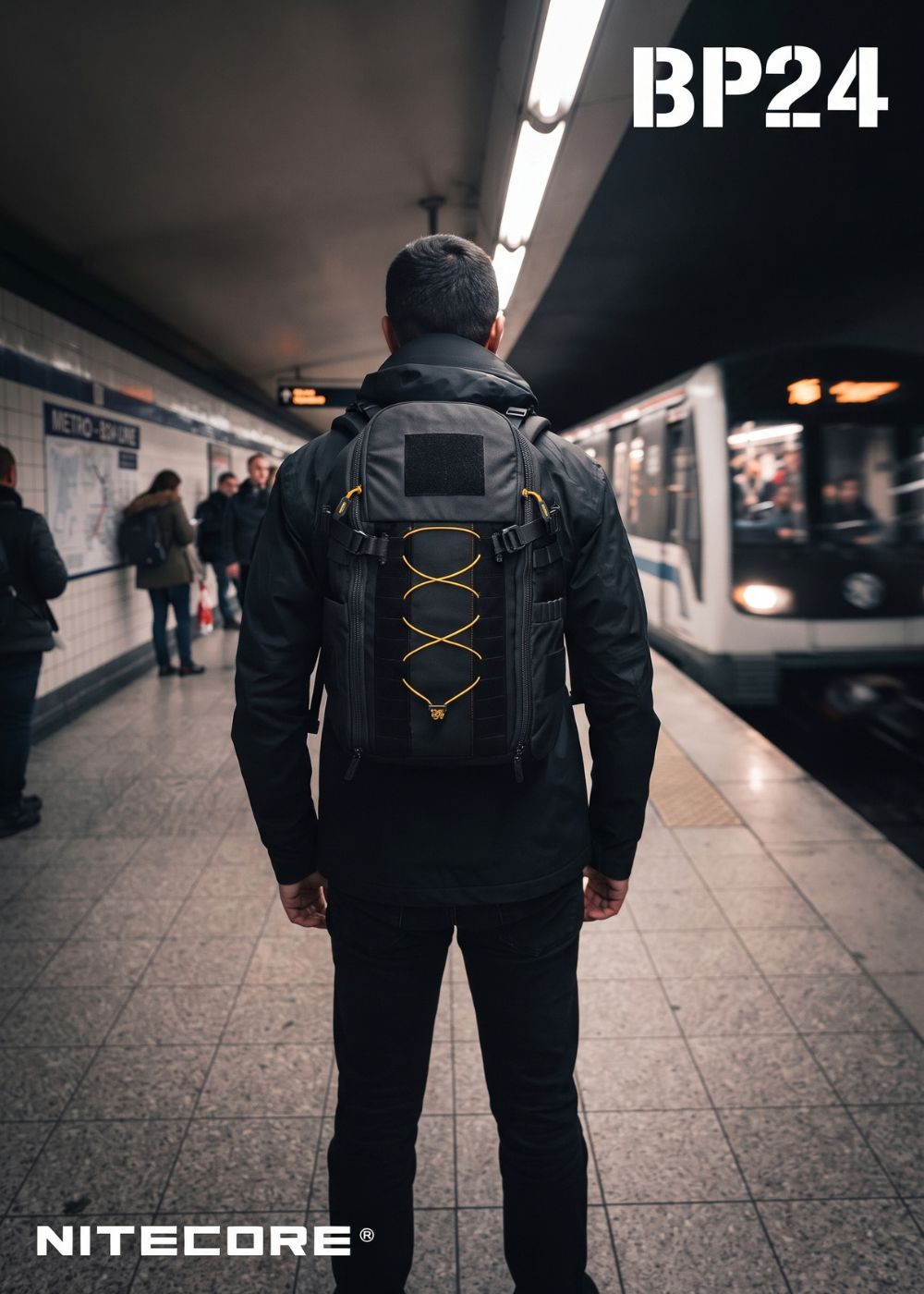 Nitecore BP24 zaino tattico urbano da 24 litri con sistema MOLLE cordino elastico frontale e pannello a strappo indossato in stazione metropolitana per pendolari viaggi ed uso quotidiano