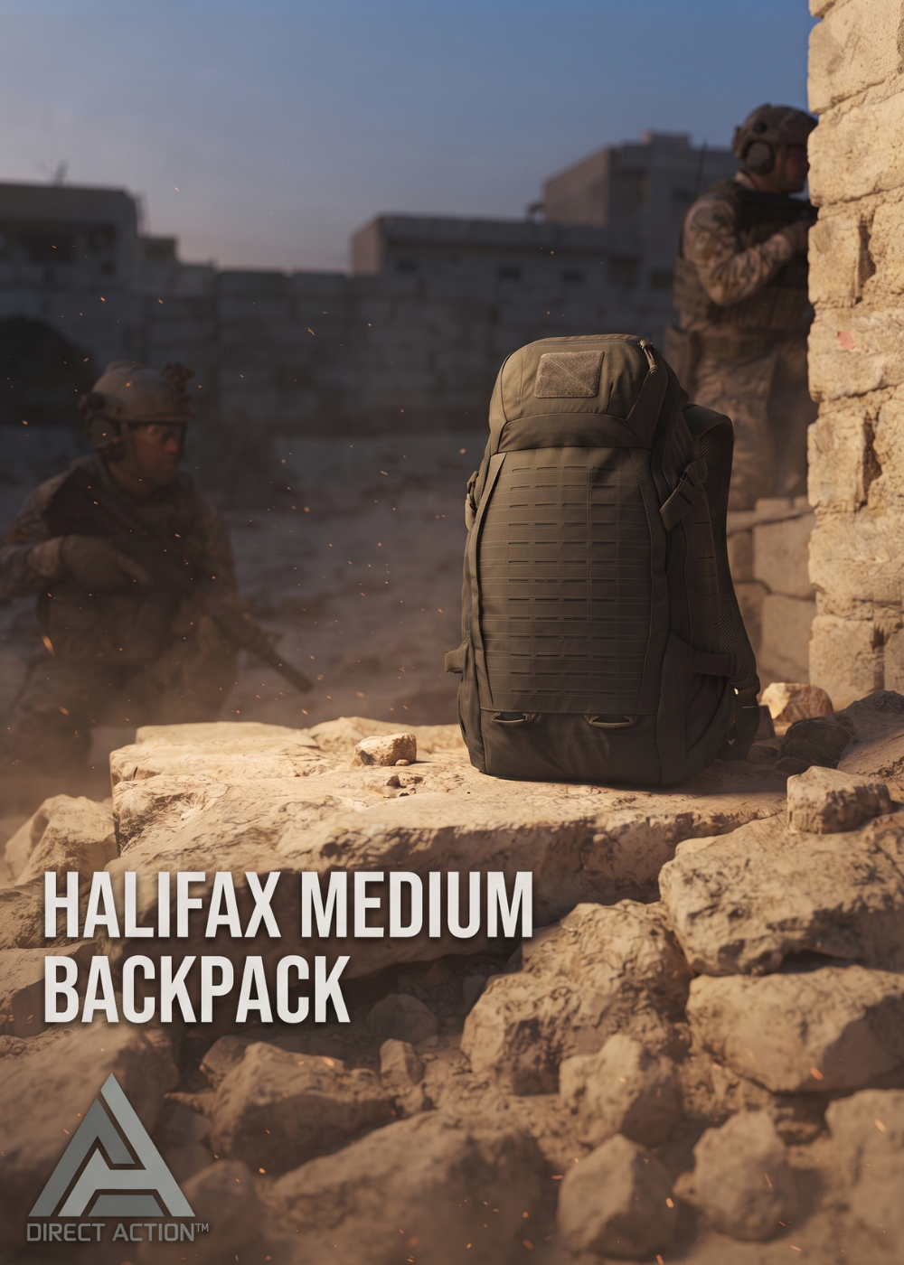Direct Action Halifax Medium Backpack zaino tattico modulare con pannello frontale MOLLE laser cut, scomparto superiore con zip, pannello a strappo e cinghie di compressione per outdoor, survival e uso operativo su Backpacco