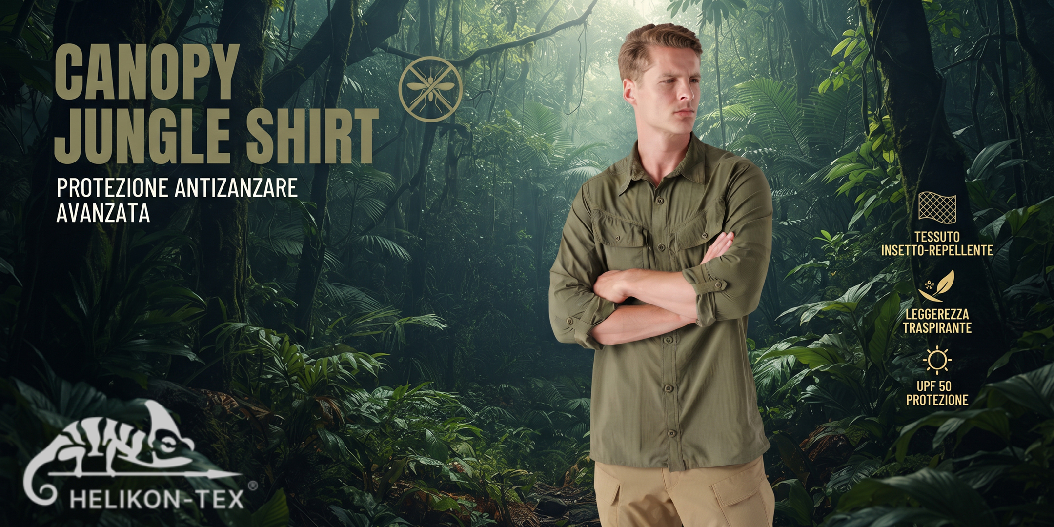 Helikon-Tex Canopy Jungle Shirt camicia outdoor con protezione antizanzare avanzata in tessuto insetto-repellente leggero e traspirante con protezione solare UPF 50 ideale per escursioni e clima tropicale.