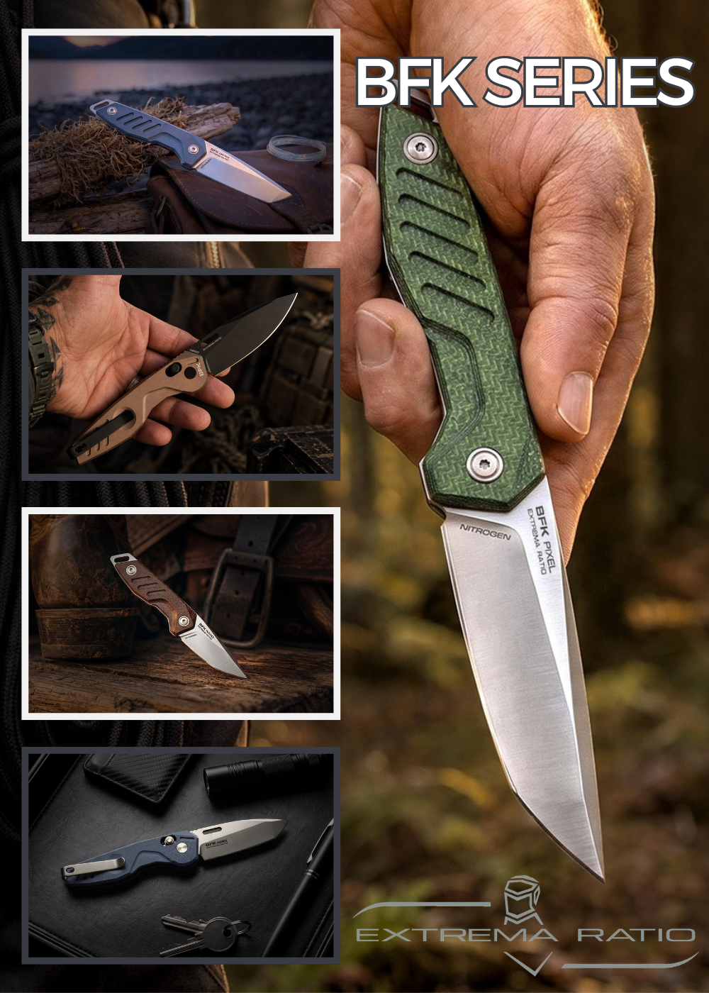 Extrema Ratio BFK Series linea di coltelli tattici ed everyday carry fissi e chiudibili con lame impugnature ergonomiche scanalate e finiture di precisione presentata in un collage promozionale per uso outdoor e professionale