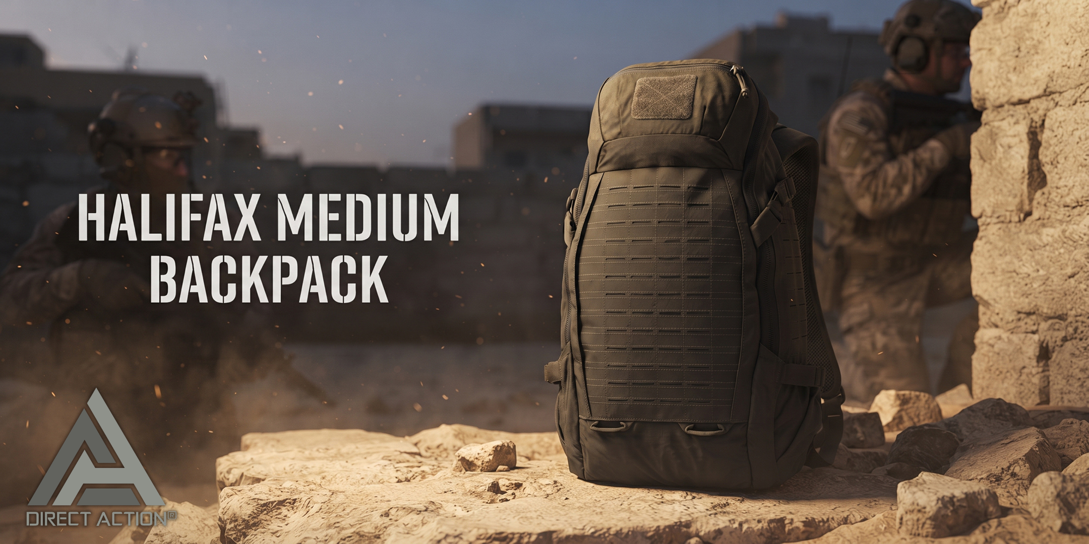 Direct Action Halifax Medium Backpack zaino tattico modulare con pannello frontale MOLLE laser cut, scomparto superiore con zip, pannello a strappo e cinghie di compressione per outdoor, survival e uso operativo su Backpacco