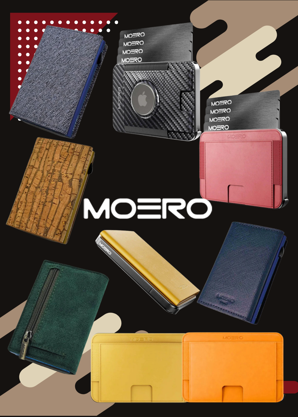 Moero Portafogli Smart e Portacarte in alluminio con protezione RFID, meccanismo di estrazione automatica a scatto, modelli in pelle, tessuto, fibra di carbonio, sughero e versione con alloggiamento per Apple AirTag per EDC