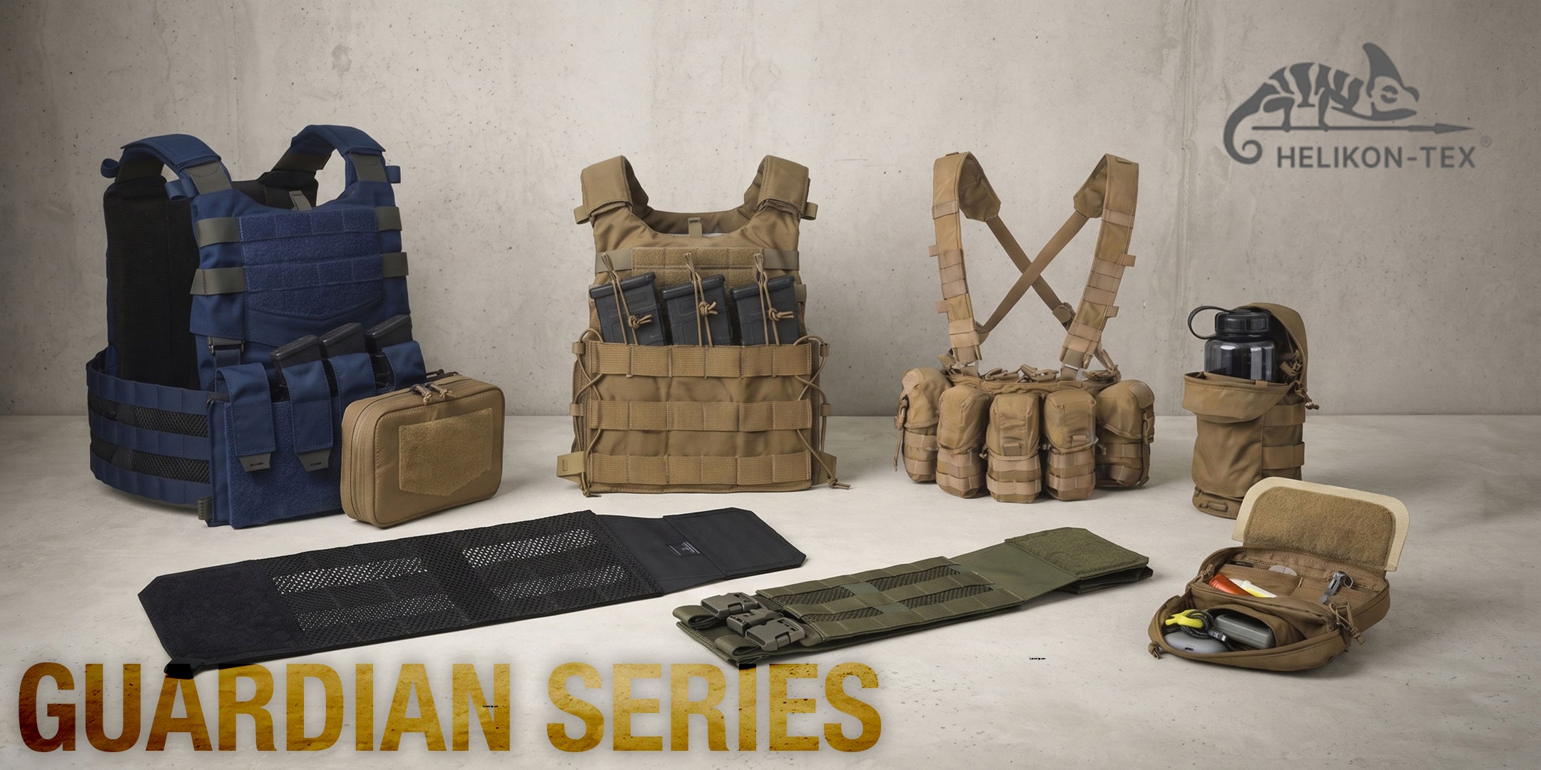 Helikon-Tex Guardian Series panoramica equipaggiamento tattico modulare con plate carrier, chest rig, tasche portacaricatori, portaborraccia, pouch organizer e fascioni cummerbund con attacchi MOLLE