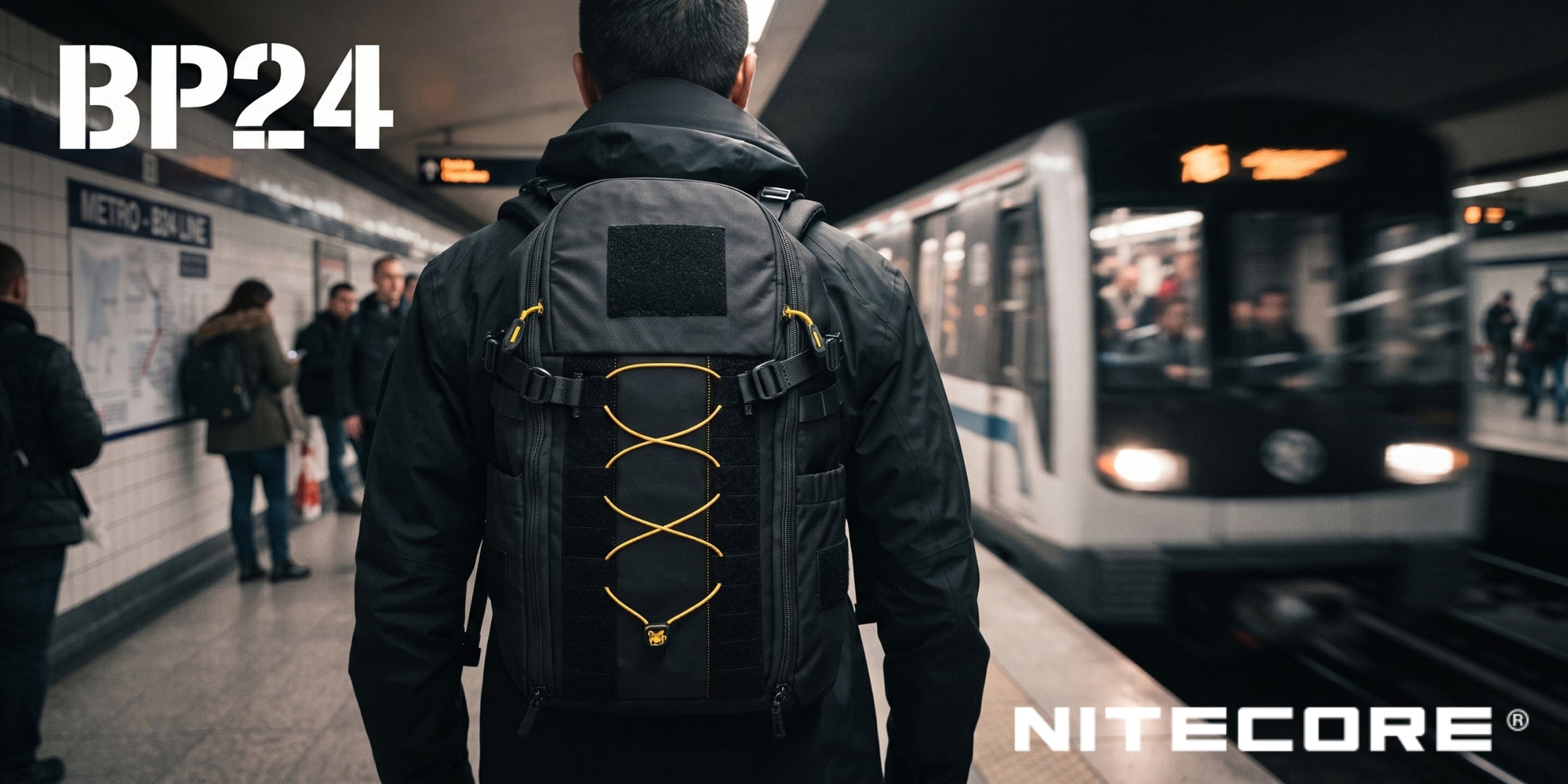 Nitecore BP24 zaino tattico urbano da 24 litri con sistema MOLLE cordino elastico frontale e pannello a strappo indossato in stazione metropolitana per pendolari viaggi ed uso quotidiano