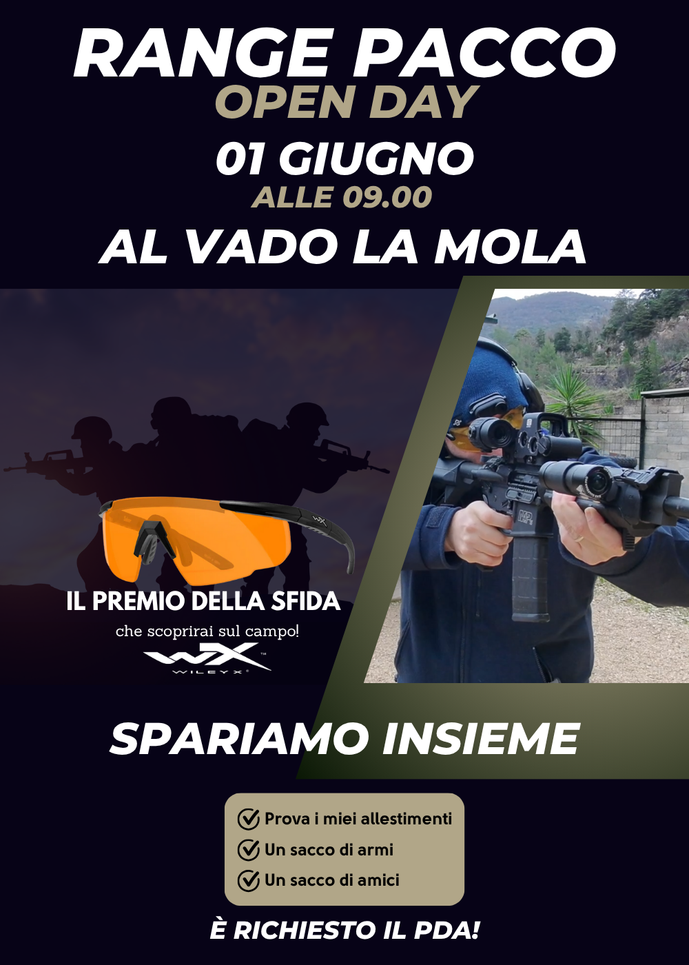 invito al rangepacco, l'evento presso il poligono vado la mola del 1 giugno 2025, con in premio un paio di occhiali wileyx per il vincitore della sfida.