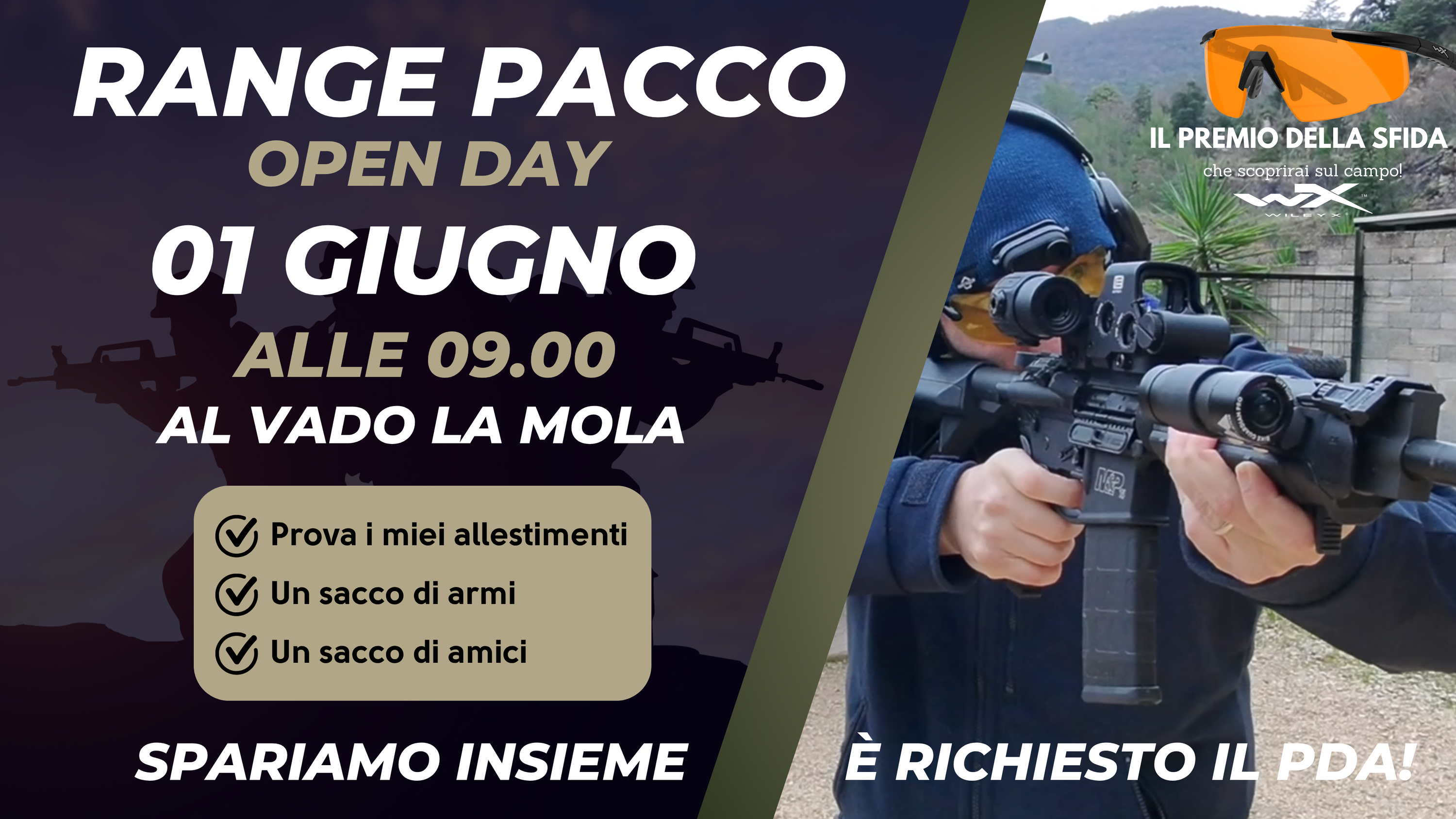 invito al rangepacco, l'evento presso il poligono vado la mola del 1 giugno 2025, con in premio un paio di occhiali wileyx per il vincitore della sfida.