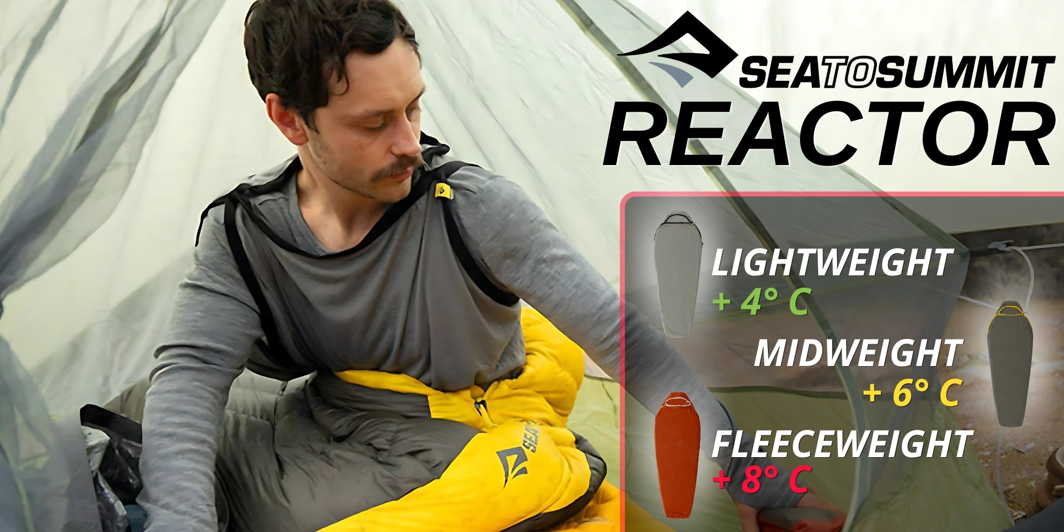 Sea to Summit Reactor sacco lenzuolo termico in tre versioni Lightweight piu 4 gradi Midweight piu 6 gradi e Fleeceweight piu 8 gradi. Un campeggiatore all interno di una tenda indossa il liner per aumentare il calore del sacco a pelo. Grafica informativa con specifiche tecniche.