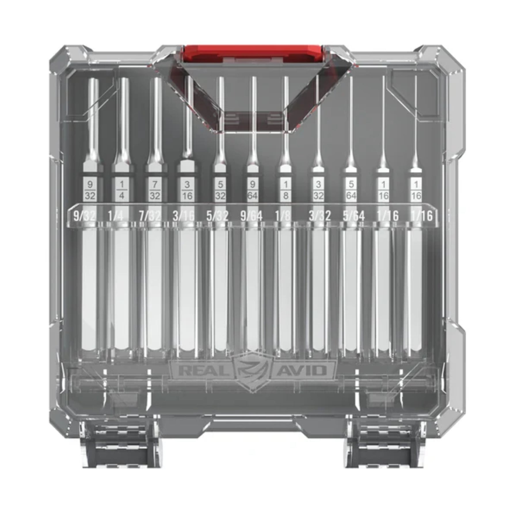 Set di cacciaspine Real Avid Accu-Punch 11-Piece Roll Pin Punch Set, kit di attrezzi di precisione per armaioli, include 11 punte in acciaio per perni a rullo, fornito in una custodia rigida trasparente e rossa per l'organizzazione e il trasporto