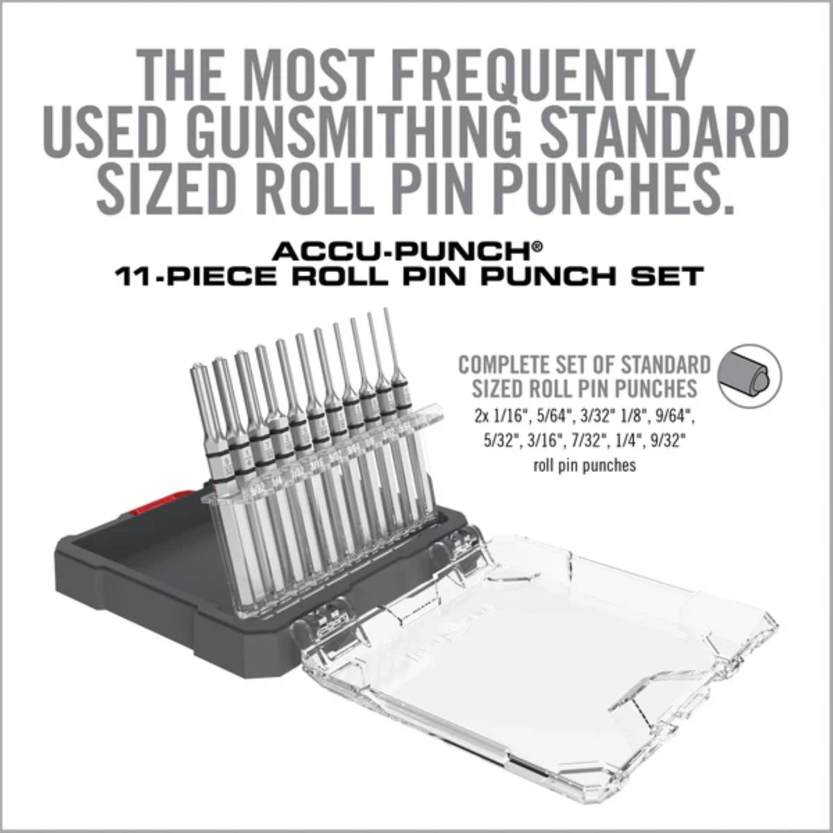 Set di cacciaspine Real Avid Accu-Punch 11-Piece Roll Pin Punch Set, kit di attrezzi di precisione per armaioli, include 11 punte in acciaio per perni a rullo, fornito in una custodia rigida trasparente e rossa per l'organizzazione e il trasporto