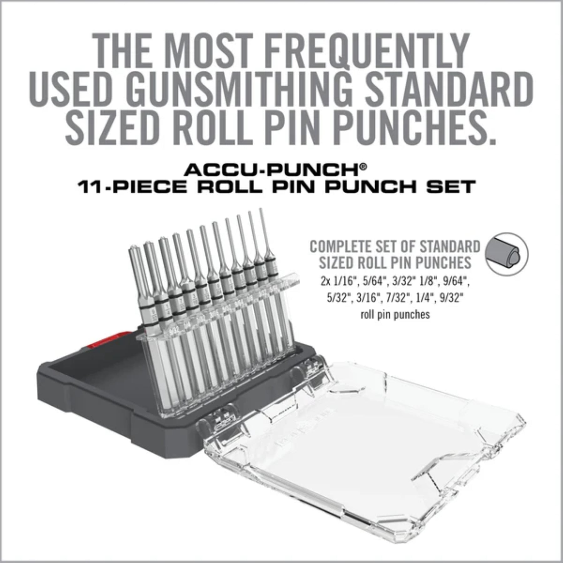 Set di cacciaspine Real Avid Accu-Punch 11-Piece Roll Pin Punch Set, kit di attrezzi di precisione per armaioli, include 11 punte in acciaio per perni a rullo, fornito in una custodia rigida trasparente e rossa per l'organizzazione e il trasporto