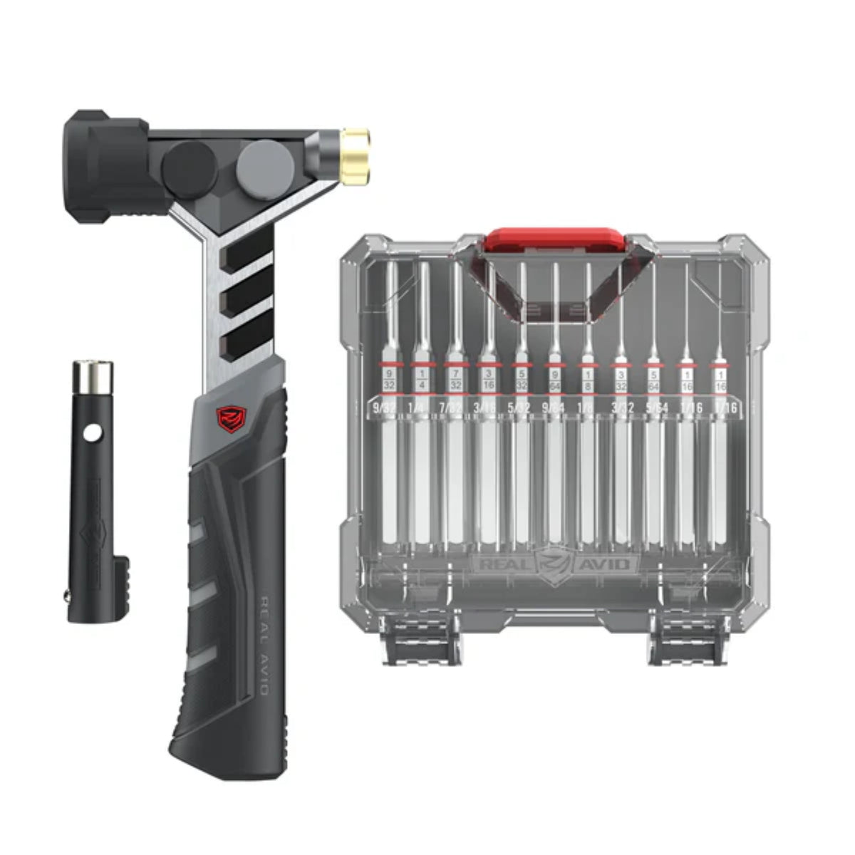 Real Avid Armorer's Master Hammer & Accu-Punch 11-Piece Standard Pin Punch Set: Kit professionale per manutenzione armi. Include un martello ergonomico con 5  testine intercambiabili (acciaio, ottone, nylon, gomma) e un set di 11 cacciaspine in acciaio temprato con custodia rigida e supporto Pin Alignment Tool. Ideale per lavorazioni di precisione e rimozione sicura dei perni.