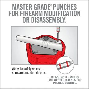 Real Avid Armorer's Master Hammer & Accu-Punch 11-Piece Standard Pin Punch Set: Kit professionale per manutenzione armi. Include un martello ergonomico con 4 testine intercambiabili (acciaio, ottone, nylon, gomma) e un set di 11 cacciaspine in acciaio temprato con custodia rigida e supporto Pin Alignment Tool. Ideale per lavorazioni di precisione e rimozione sicura dei perni.