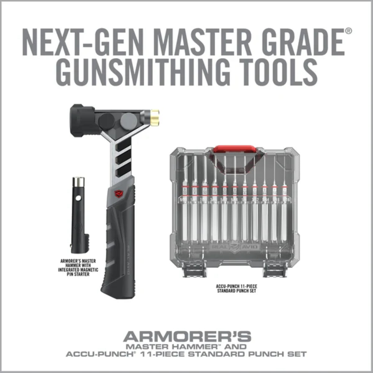 Real Avid Armorer's Master Hammer & Accu-Punch 11-Piece Standard Pin Punch Set: Kit professionale per manutenzione armi. Include un martello ergonomico con 4 testine intercambiabili (acciaio, ottone, nylon, gomma) e un set di 11 cacciaspine in acciaio temprato con custodia rigida e supporto Pin Alignment Tool. Ideale per lavorazioni di precisione e rimozione sicura dei perni.