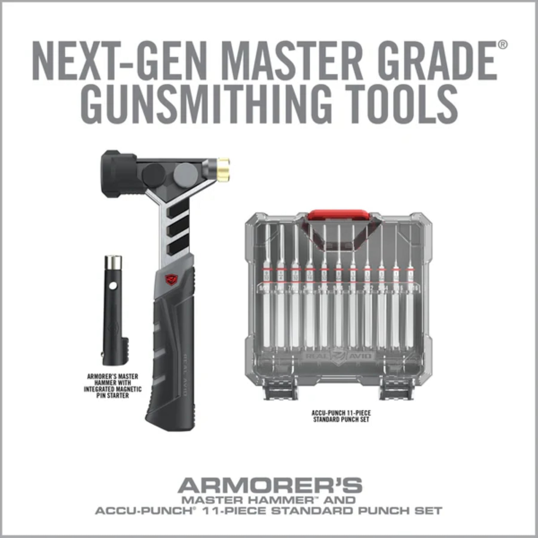 Real Avid Armorer's Master Hammer & Accu-Punch 11-Piece Standard Pin Punch Set: Kit professionale per manutenzione armi. Include un martello ergonomico con 4 testine intercambiabili (acciaio, ottone, nylon, gomma) e un set di 11 cacciaspine in acciaio temprato con custodia rigida e supporto Pin Alignment Tool. Ideale per lavorazioni di precisione e rimozione sicura dei perni.