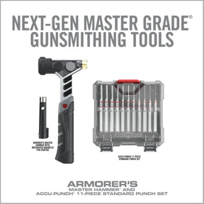 Real Avid Armorer's Master Hammer & Accu-Punch 11-Piece Standard Pin Punch Set: Kit professionale per manutenzione armi. Include un martello ergonomico con 4 testine intercambiabili (acciaio, ottone, nylon, gomma) e un set di 11 cacciaspine in acciaio temprato con custodia rigida e supporto Pin Alignment Tool. Ideale per lavorazioni di precisione e rimozione sicura dei perni.