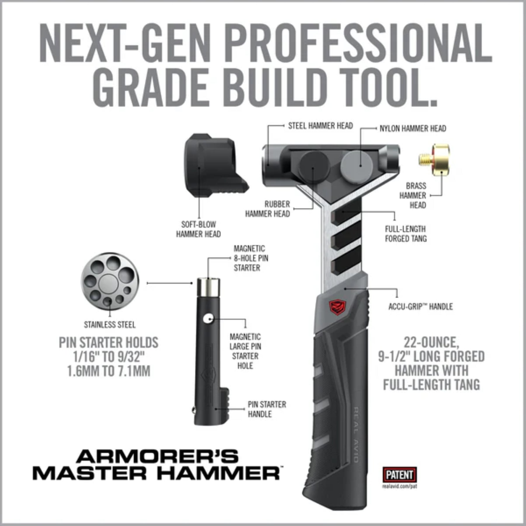 Real Avid Armorer's Master Hammer & Accu-Punch 11-Piece Standard Pin Punch Set: Kit professionale per manutenzione armi. Include un martello ergonomico con 4 testine intercambiabili (acciaio, ottone, nylon, gomma) e un set di 11 cacciaspine in acciaio temprato con custodia rigida e supporto Pin Alignment Tool. Ideale per lavorazioni di precisione e rimozione sicura dei perni.