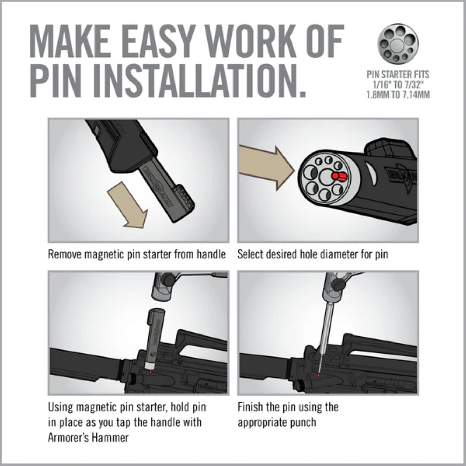 Real Avid Armorer's Master Hammer & Accu-Punch 11-Piece Standard Pin Punch Set: Kit professionale per manutenzione armi. Include un martello ergonomico con 4 testine intercambiabili (acciaio, ottone, nylon, gomma) e un set di 11 cacciaspine in acciaio temprato con custodia rigida e supporto Pin Alignment Tool. Ideale per lavorazioni di precisione e rimozione sicura dei perni.