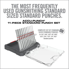 Real Avid Armorer's Master Hammer & Accu-Punch 11-Piece Standard Pin Punch Set: Kit professionale per manutenzione armi. Include un martello ergonomico con 4 testine intercambiabili (acciaio, ottone, nylon, gomma) e un set di 11 cacciaspine in acciaio temprato con custodia rigida e supporto Pin Alignment Tool. Ideale per lavorazioni di precisione e rimozione sicura dei perni.